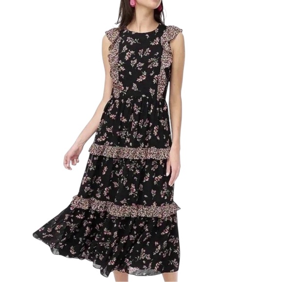 J. Crew Dresses & Skirts - NWT J. Crew Floral Ruffle Midi Dress Pink Black 8
